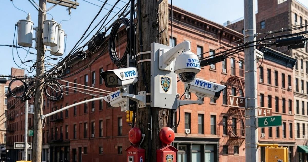 Interactive surveillance mapping dashboard tracking active CCTV cameras in NYC 2026 across Manhattan, Brooklyn, and Queens commercial districts.